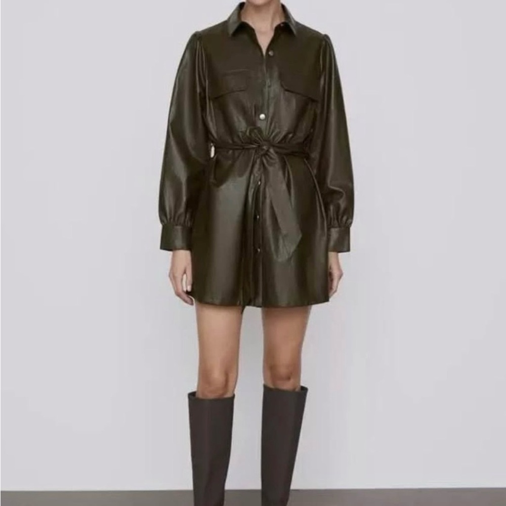 Zara Olive Green Faux-Leather Shirt Mini Dress